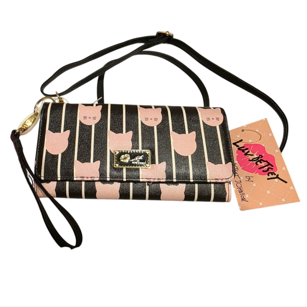 Luv Betsey By Betsey Johnson Black and Pink Cat Wristlet Crossbody Wallet NWT